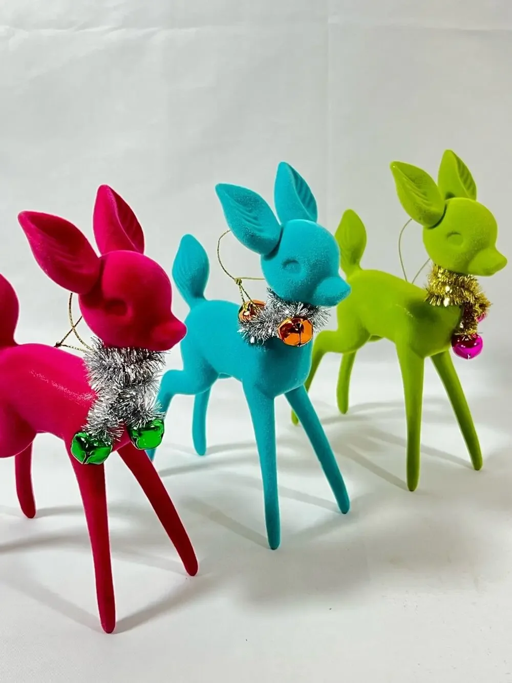 Lot of 3 Flocked Vintage Inspired Deer Reindeer w/ Bells & Tinsel Ornaments